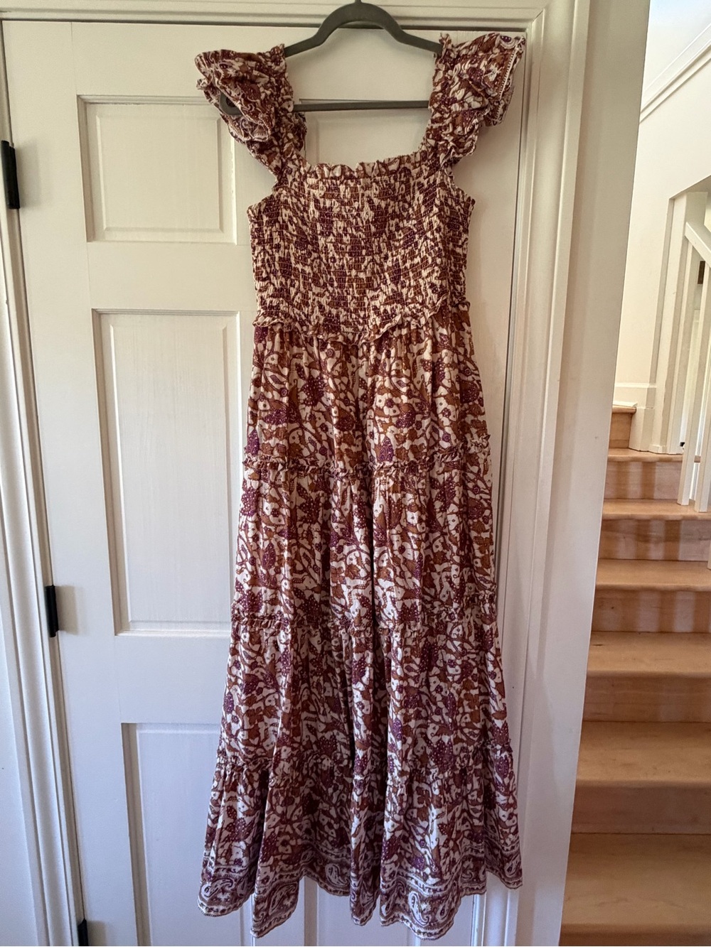 Love the Label Smocked Ruffle Strap Maxi Dress in Cream & Burgundy Floral